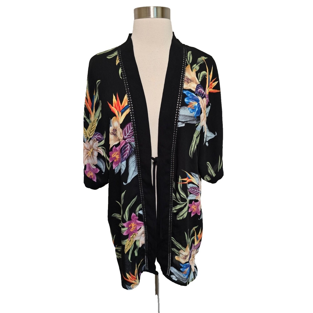 Kona Sol Black Tropical Floral Open Front Kimono Swim Cover Up Tie Waist S/M